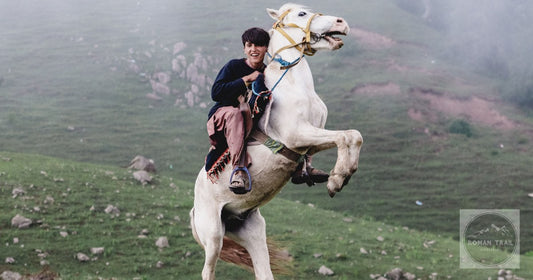 A rider on a rearing horse in the misty hills at Naran, Pakistan