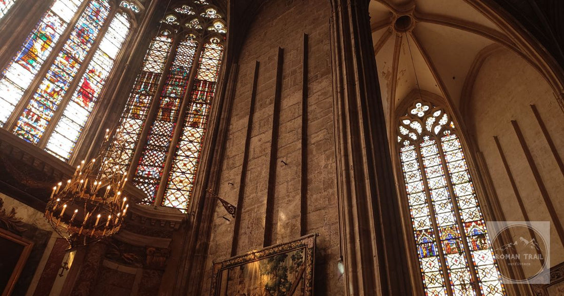 Stained glass windows inside the Gothic cathedral at Narbonne France