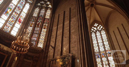 Stained glass windows inside the Gothic cathedral at Narbonne France