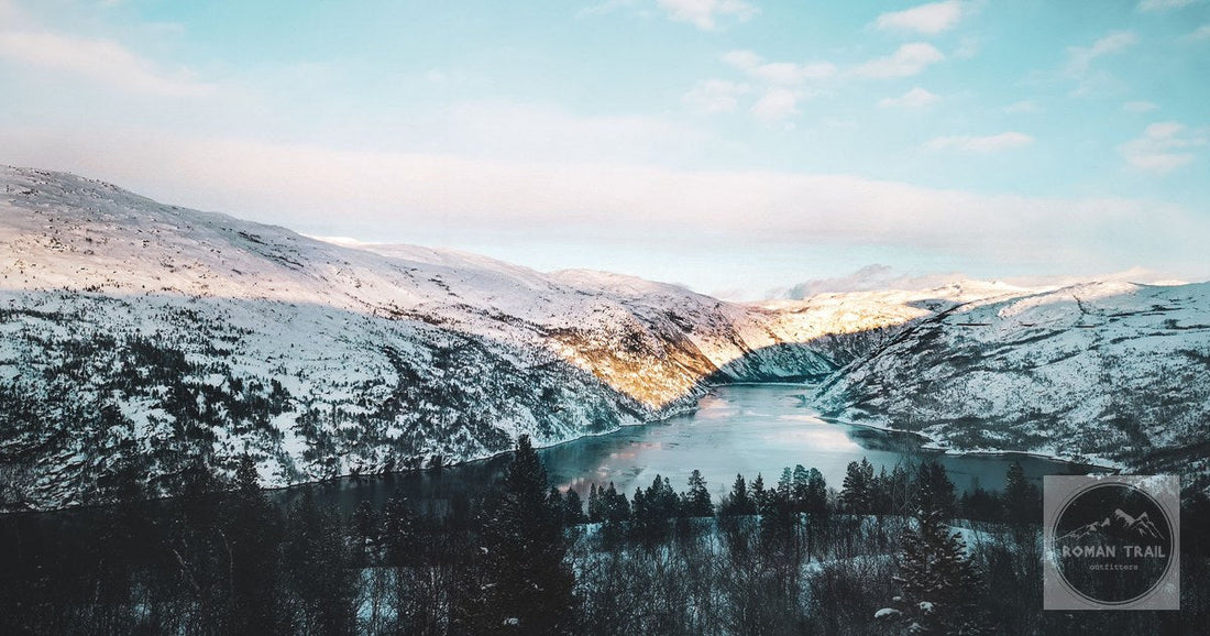 Snow covered mountains and fjords at Narvik, Nordland, Norway, from above