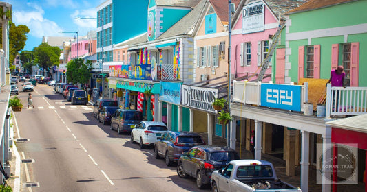 Colourful shops on a sunny street in Nassau, the Bahamas