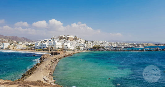 Naxos Town above bright blue water, Cyclades, Greece
