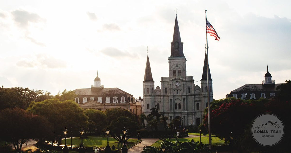 St Louis Cathedral and Jackson Square at golden hour, New Orleans packing list for women by Roman Trail Outfitters
