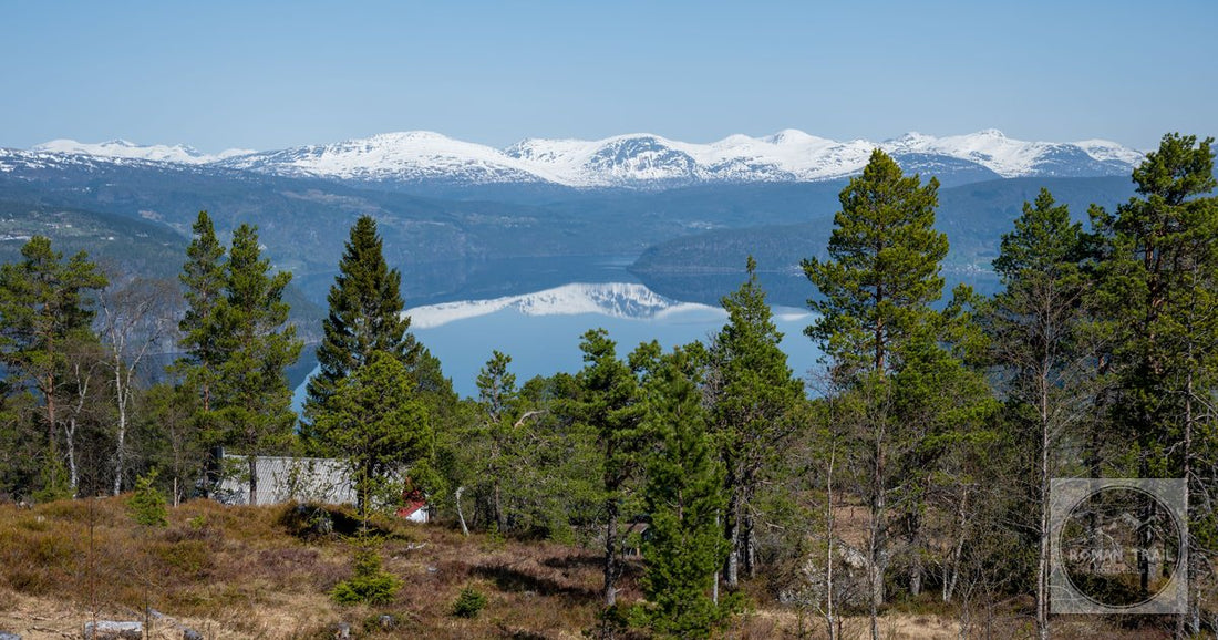 Snow-capped mountains reflected in the Olden fjord, Norway