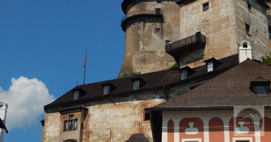 Orava Castle, Slovakia, from the ground, its Gothic walls stacked up the rock.
