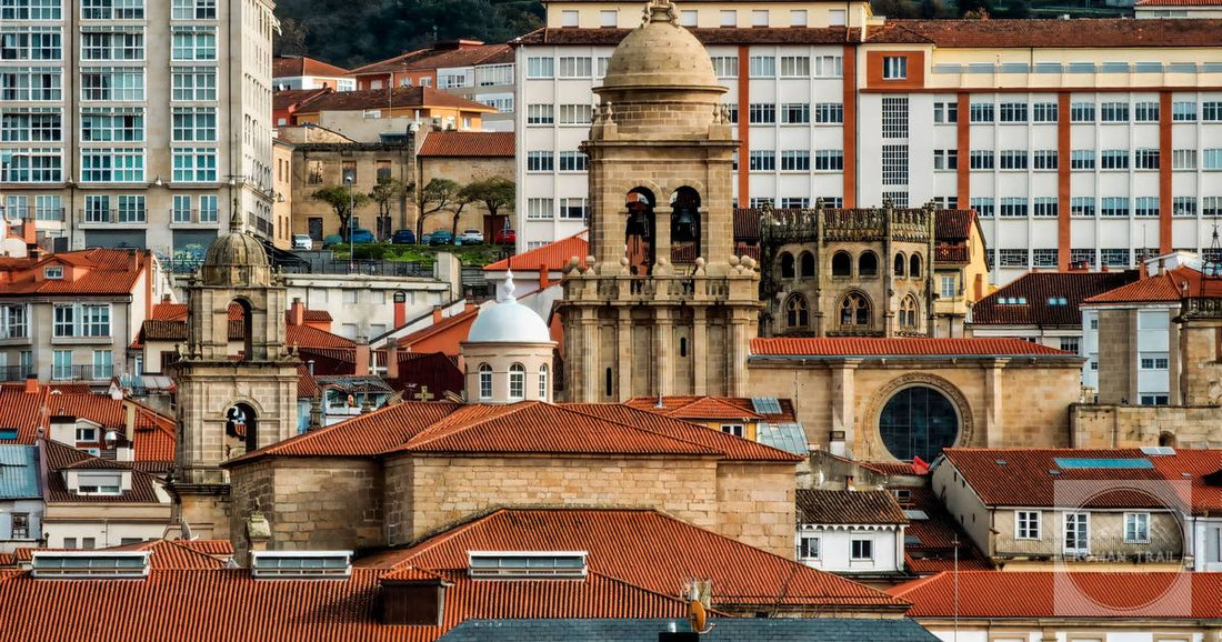 Panoramic view of historical architecture in Ourense, showcasing church towers against modern buildings.