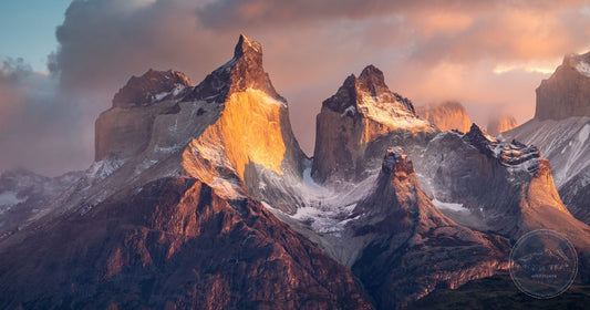 Torres del Paine granite peaks glowing at golden hour, Chile women's packing list destination