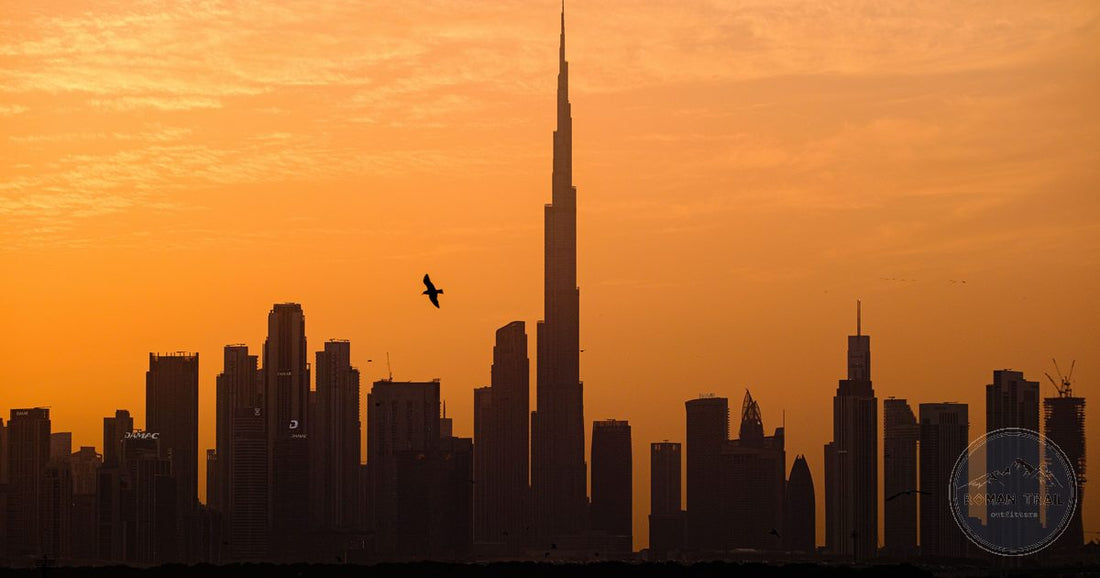 Dubai skyline silhouette with Burj Khalifa at golden hour, women's packing list destination
