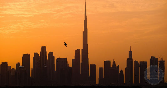 Dubai skyline silhouette with Burj Khalifa at golden hour, women's packing list destination