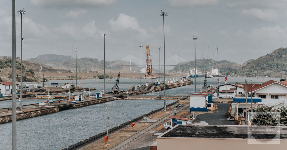 A wide view of the Panama Canal locks and the landscape around them