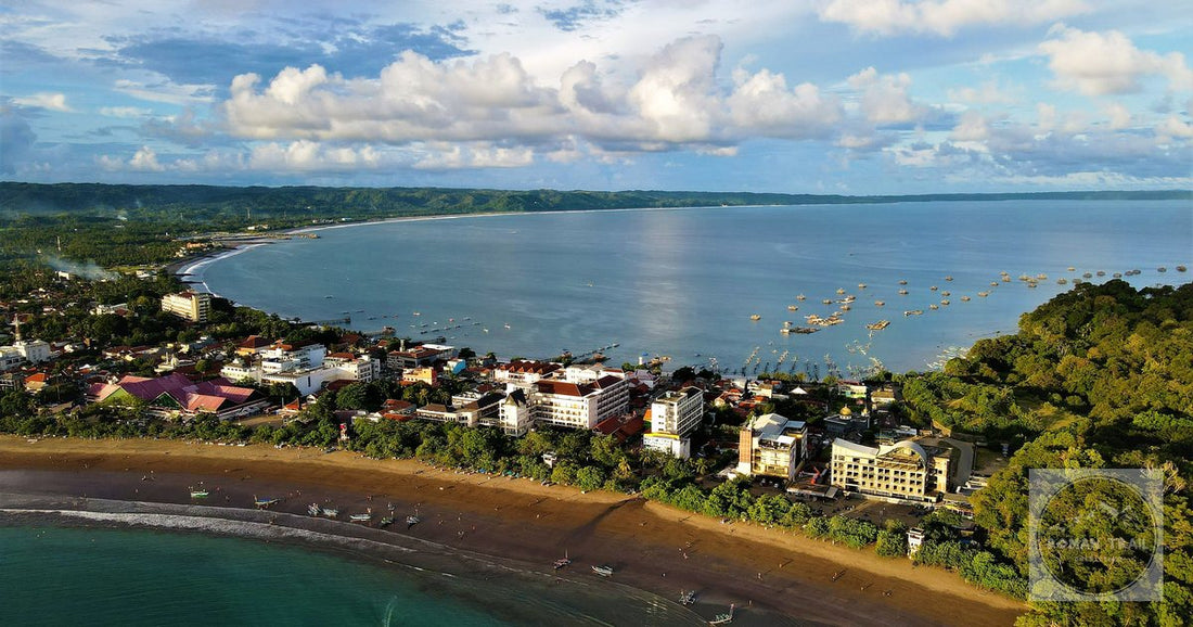 The stunning aerial view of Pangandaran Beach and coastal town in Indonesia.