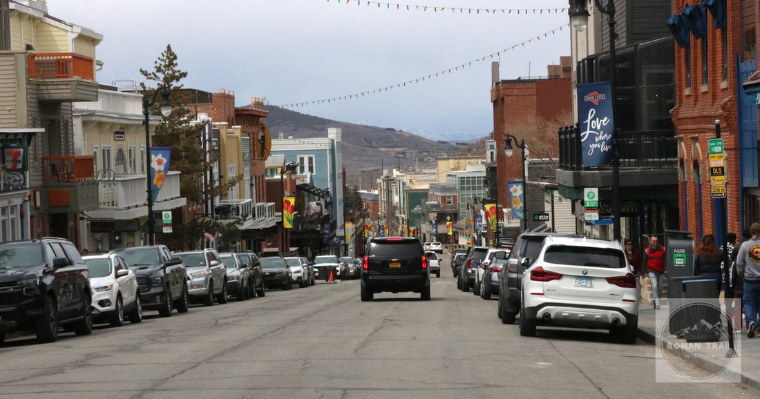 Painted storefronts and banners on Historic Main Street in Park City, Utah