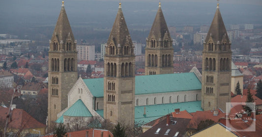 The four towers of Pécs Cathedral from the air, Hungary