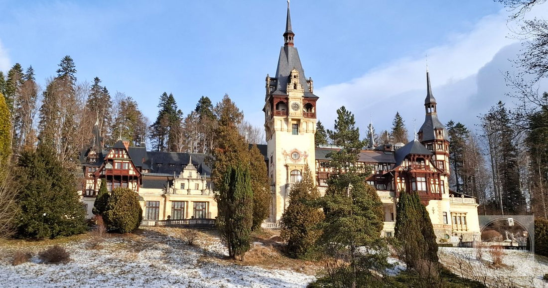 Peles Castle in snow-covered forest, Sinaia, Romania