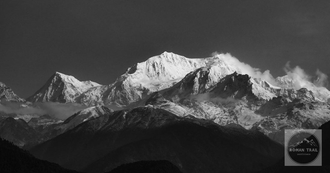 Breathtaking view of the snow-capped Himalayas from Pelling, India in monochrome.
