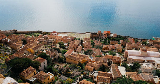 Aerial view of the rock and town of Monemvasia in the Peloponnese, Greece