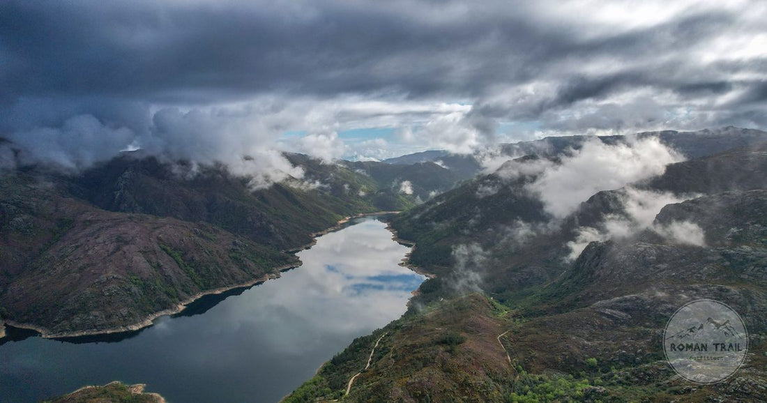 Aerial view of a lake among the mountains in Geres National Park, Portugal