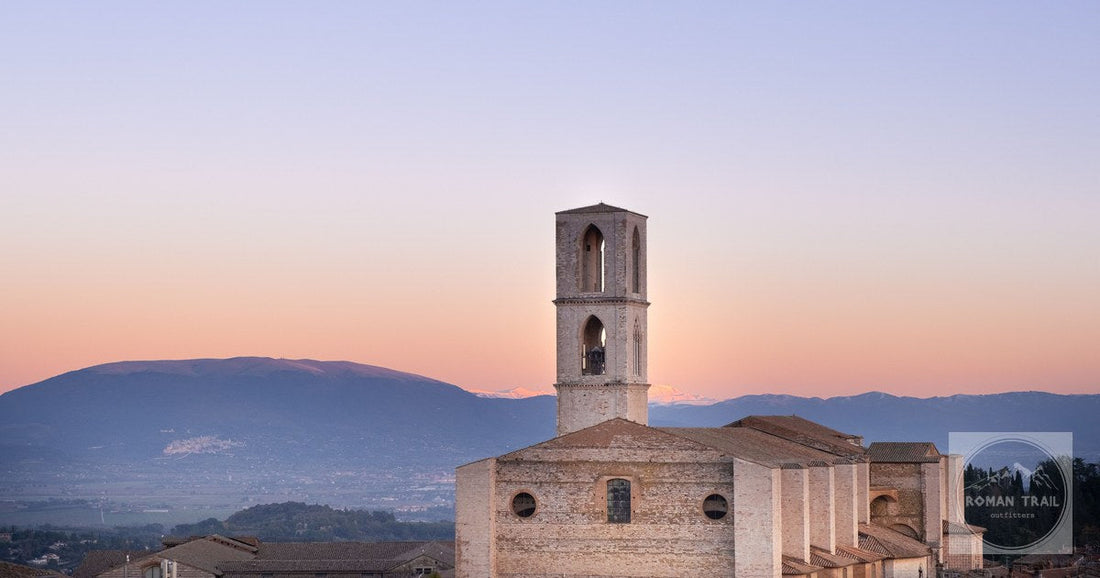 An aerial view of the San Domenico basilica at dawn in Perugia, Italy
