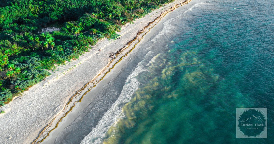 An aerial view of the beach and turquoise sea at Playa del Carmen, Mexico