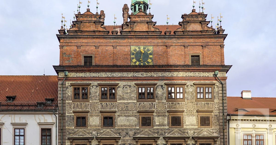 The Renaissance facade and clock of Plzen city hall, Czechia