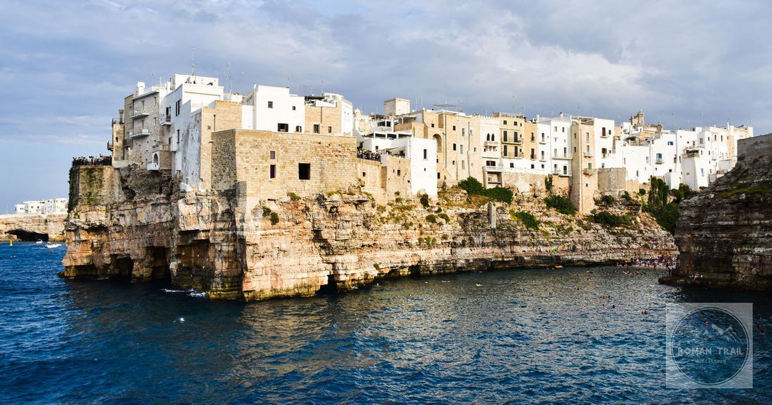 Whitewashed buildings on the cliffs above the sea at Polignano a Mare, Apulia