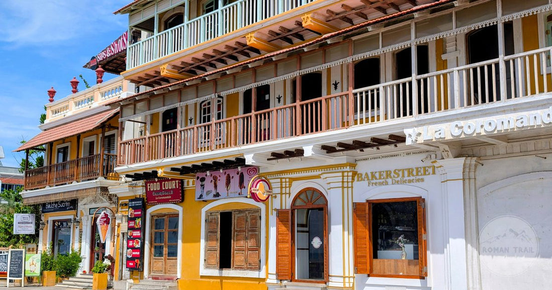 Colourful colonial buildings on a street in Puducherry, India