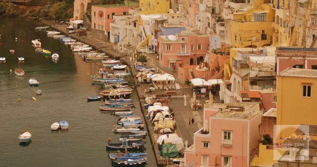 Coloured houses and boats at Marina Corricella, Procida