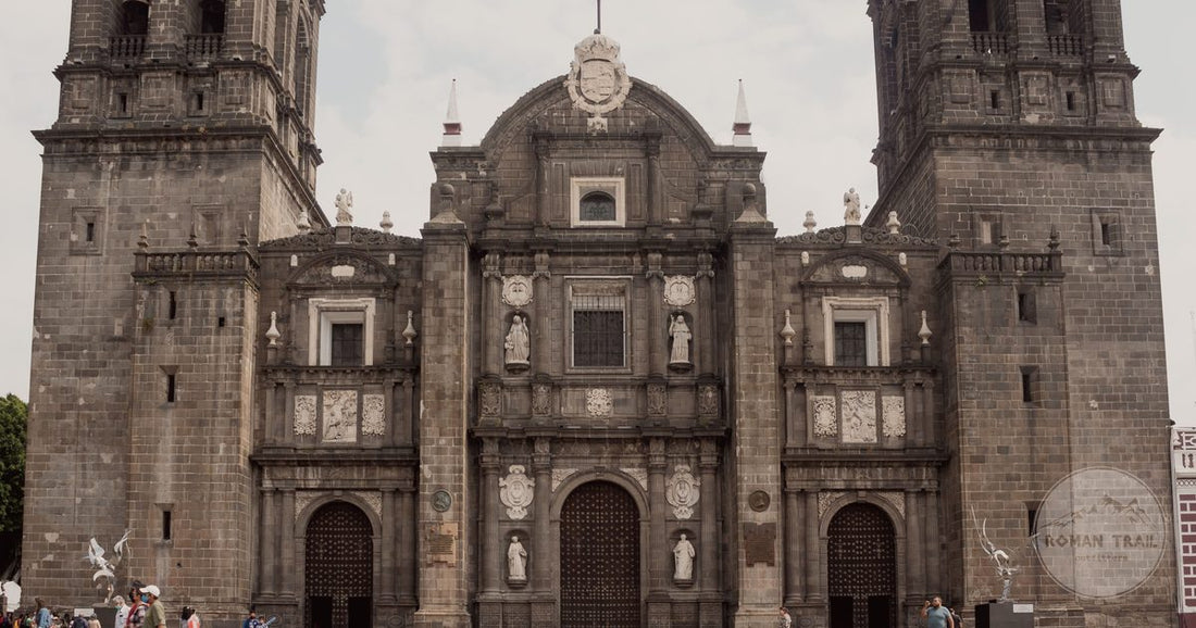 The facade of Puebla Cathedral, Mexico