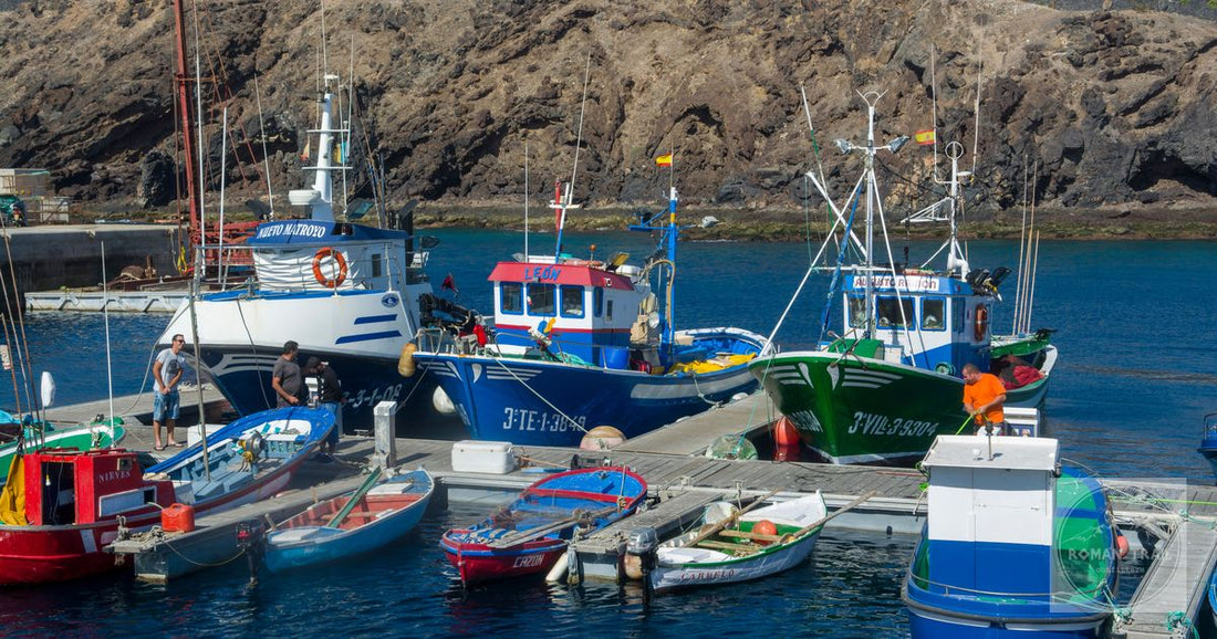 Fishing boats at Puerto del Carmen marina below the cliffs, Lanzarote