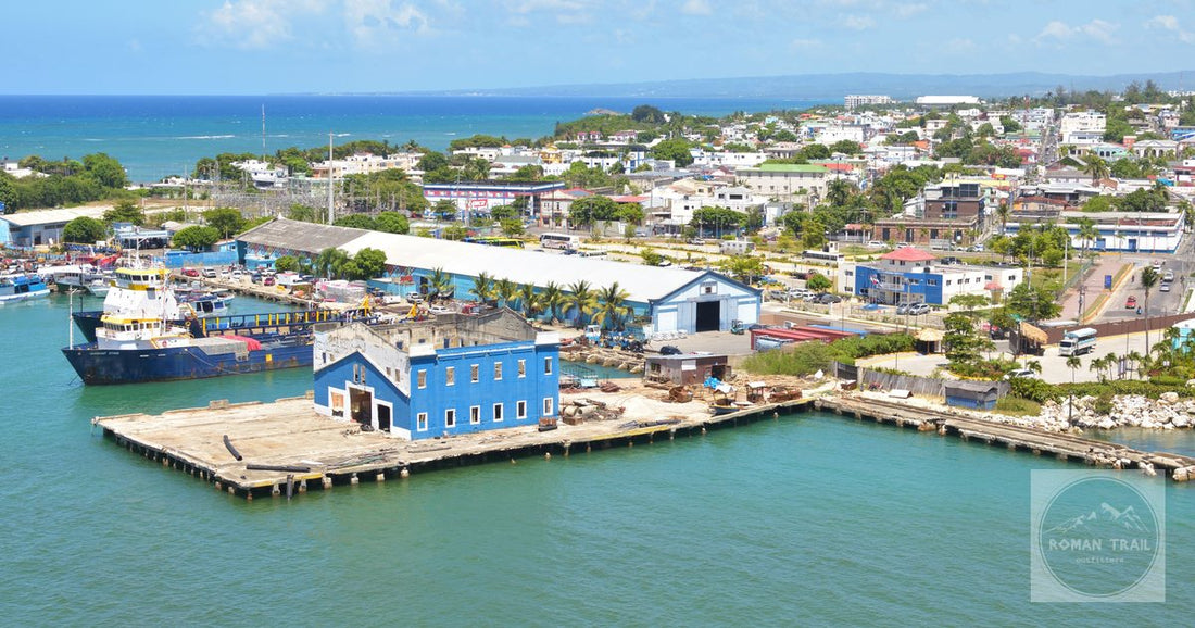 Puerto Plata harbour with blue buildings and moored ships, Dominican Republic