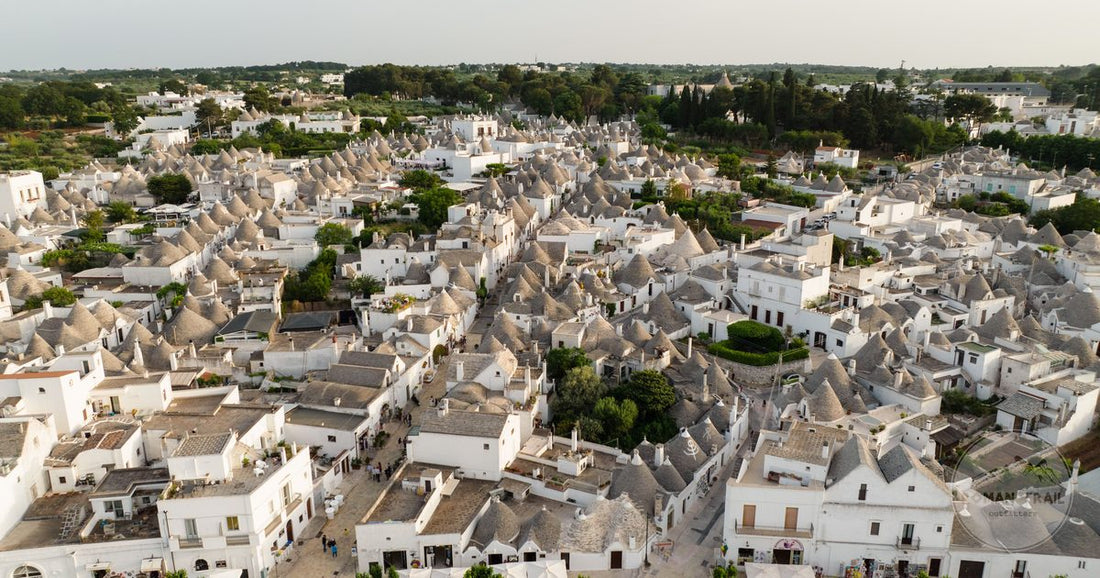 Aerial view of the trulli village of Alberobello, Puglia, Italy