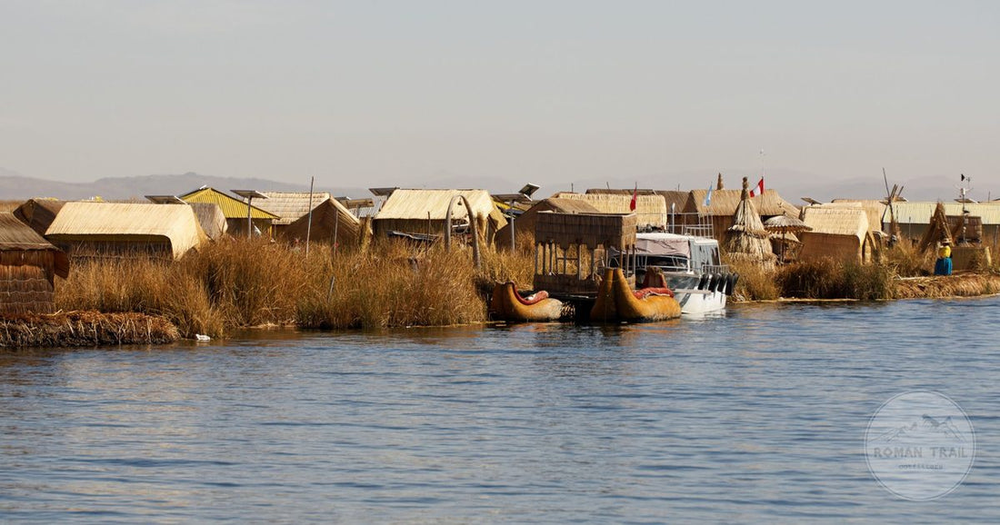 Traditional reed houses of the Uros floating islands on Lake Titicaca at Puno, Peru