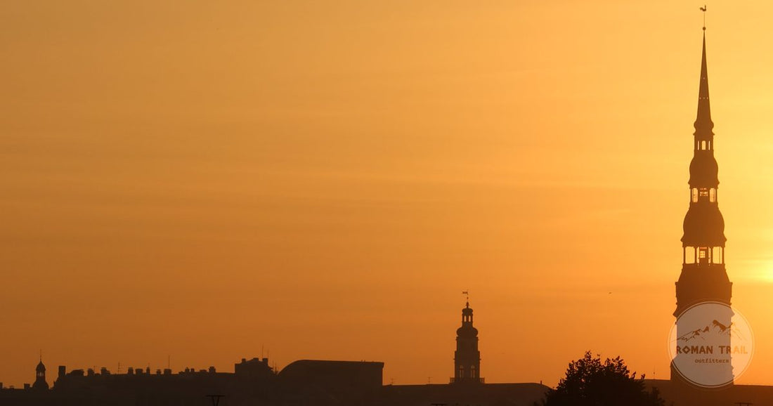 St Peter's Church spire above Riga Old Town at sunset, Latvia