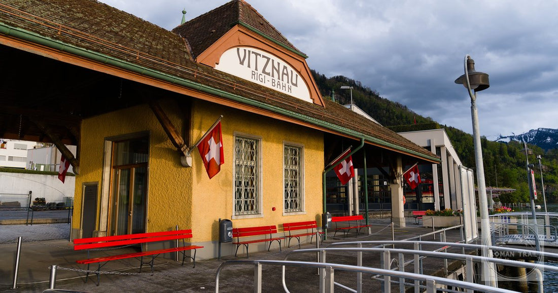 The Vitznau Rigi-Bahn station hung with Swiss flags, Switzerland