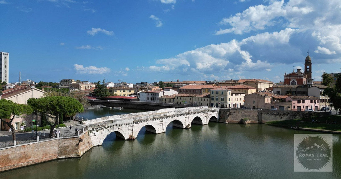 The Roman Tiberius bridge over the Marecchia river in Rimini, Italy