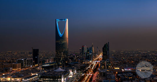 Aerial night view of Riyadh with the Kingdom Centre tower, Saudi Arabia