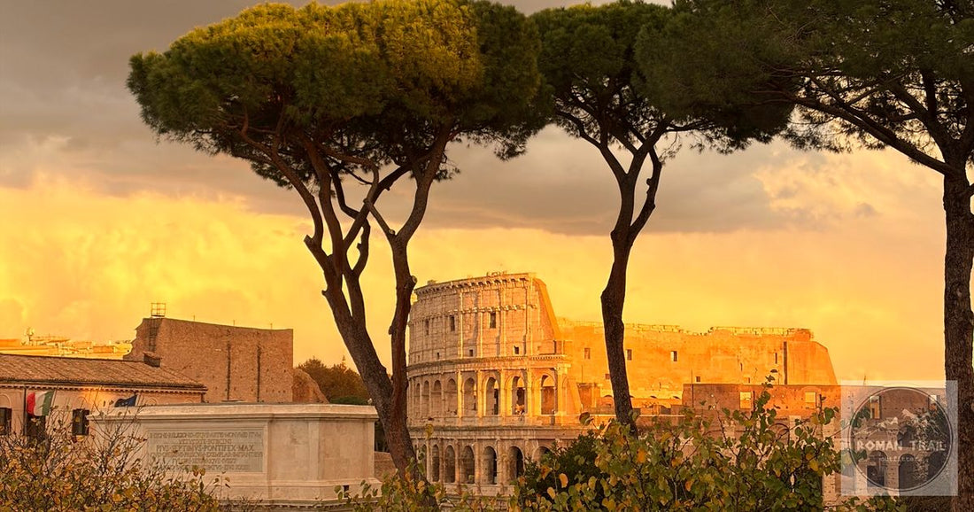 Colosseum at golden hour sunset framed by Roman pines, Rome packing list for women by Roman Trail Outfitters