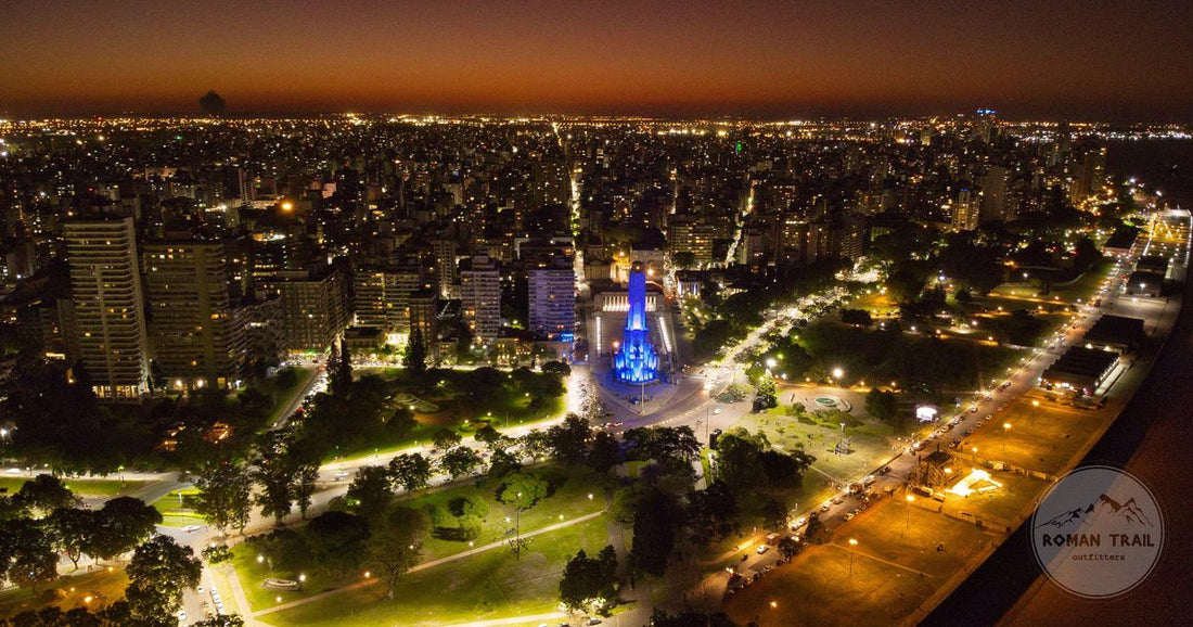 The National Flag Memorial lit at night in Rosario, Santa Fe, Argentina