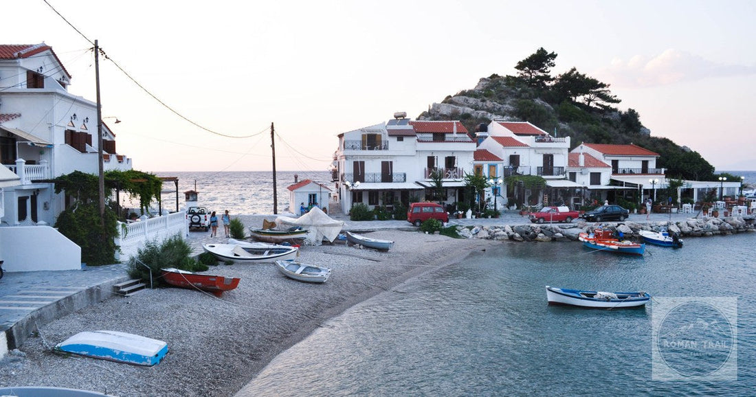 A coastal village on Samos at sunset, Greece