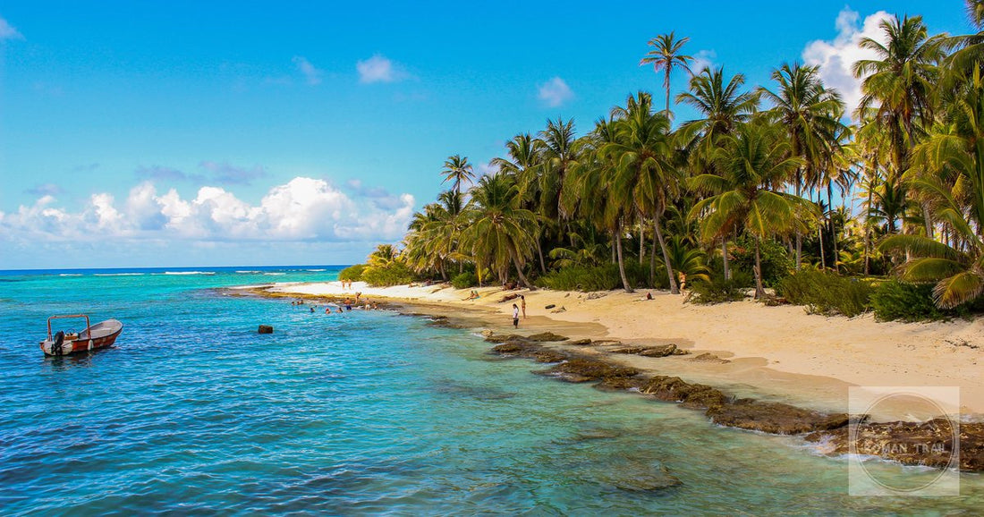 A beach with palm trees and clear water on San Andres, Colombia