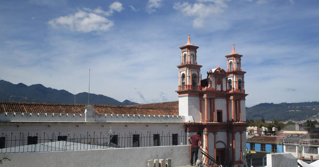 A colonial church against a blue sky in San Cristobal de las Casas, Chiapas, Mexico