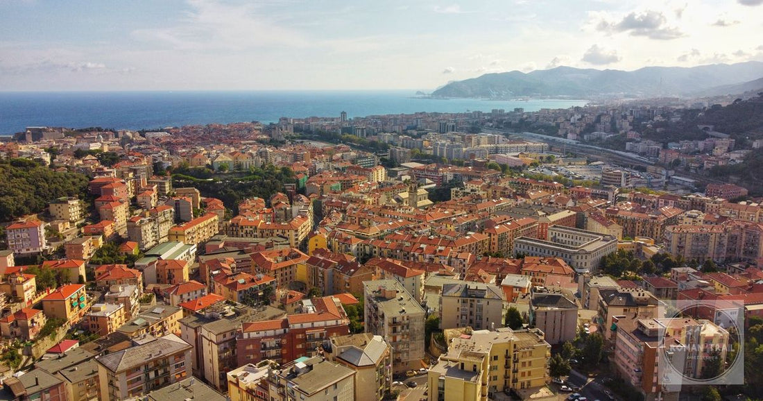 An aerial view of the cityscape and coast at San Remo, Liguria, Italy