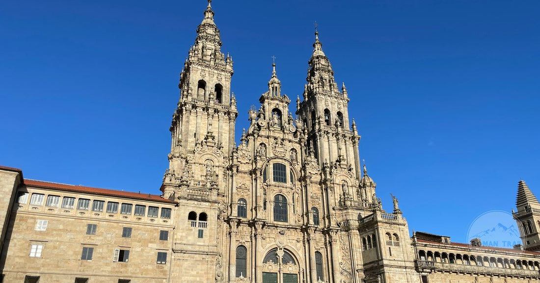 Santiago de Compostela Cathedral under a clear blue sky, Galicia, Spain