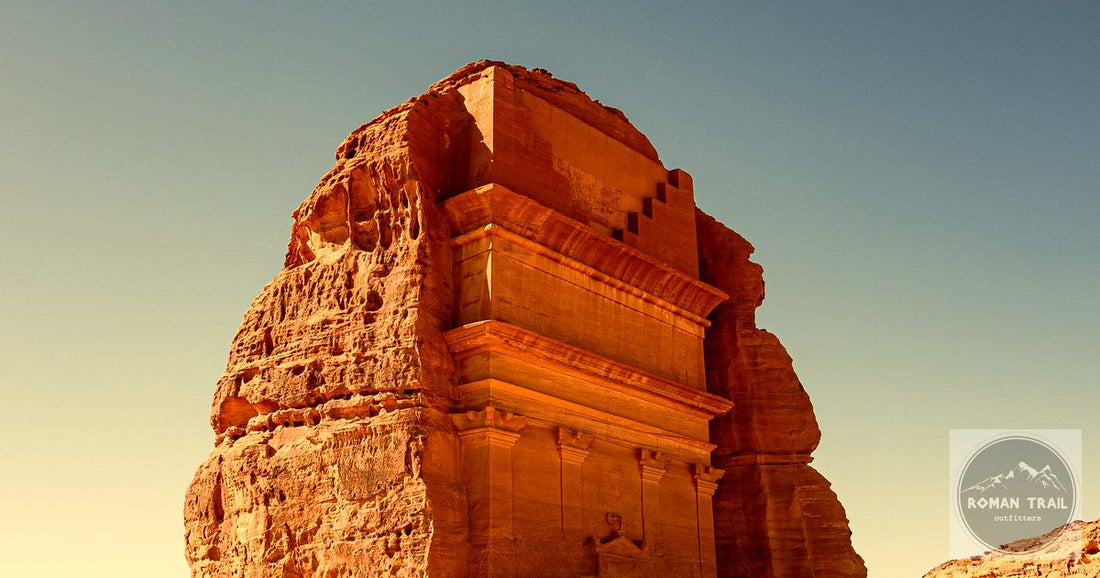 Hegra Nabataean tomb Al Ula Saudi Arabia at golden hour