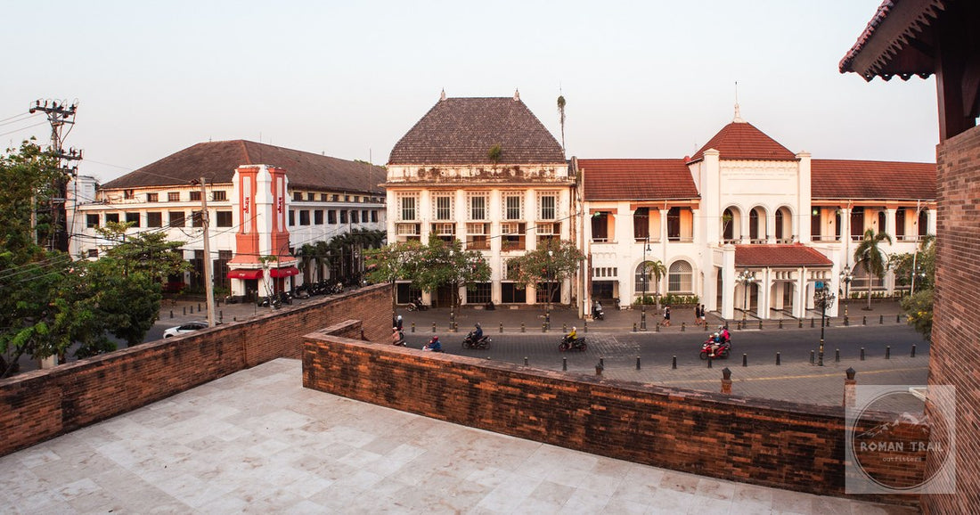 Colonial buildings at sunset in the old town of Semarang, Indonesia