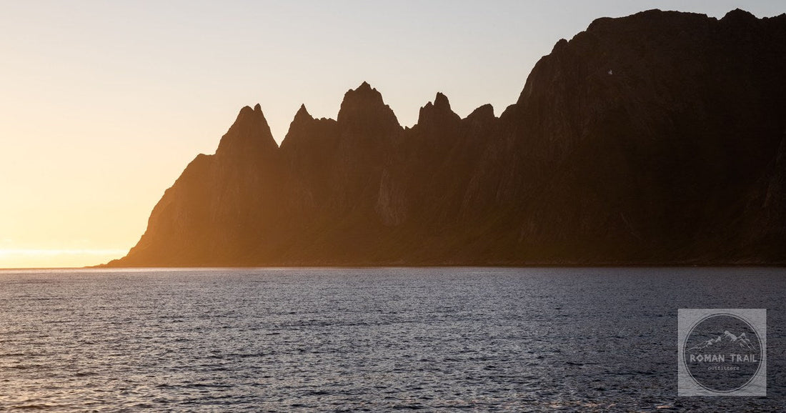 Sunset over the jagged peaks of Senja, Norway