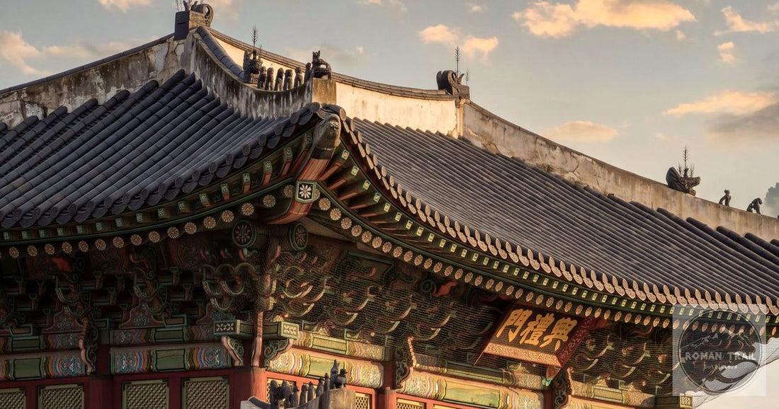 Gyeongbokgung Palace gate roofline at golden hour, Seoul packing list for women by Roman Trail Outfitters