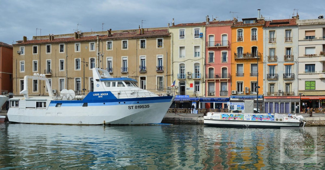 Boats moored beside painted buildings on a canal at Sete, France