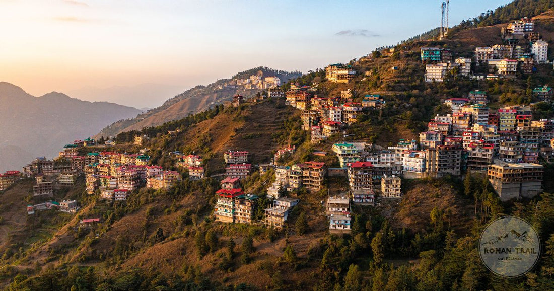 Coloured buildings on the Shimla hillside at sunrise, Himachal Pradesh, India