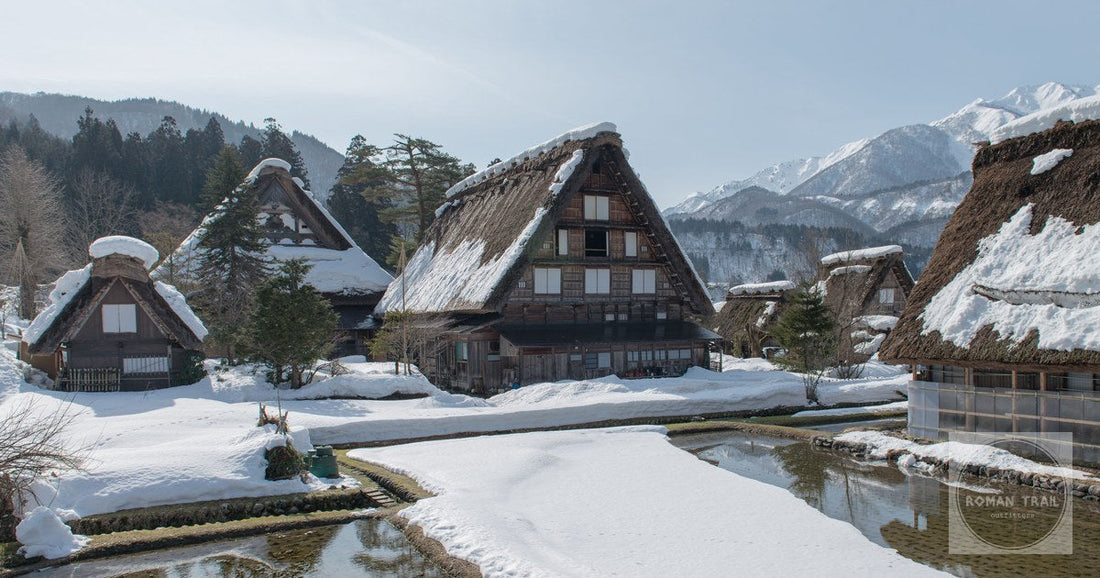 Snow covered gassho zukuri farmhouses at Shirakawa-go, Japan